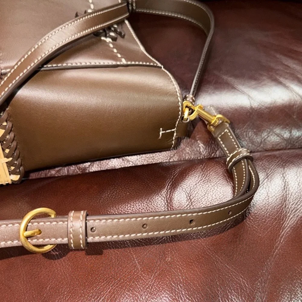 ‼️Tory Burch McGraw Small Wicker Brown Leather Bucket Bag Crossbody Bag